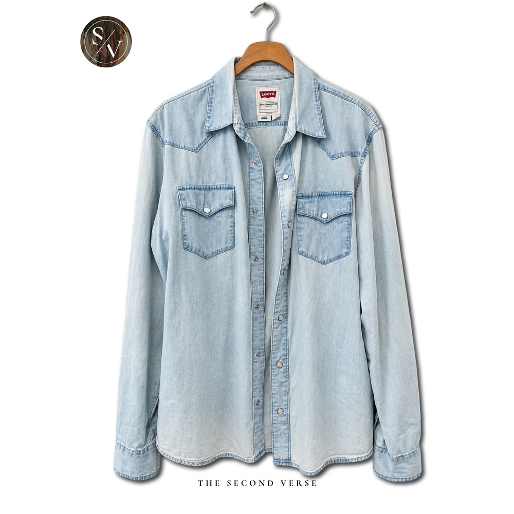 Levis Denim Buttondown Mens Shirt Light Wash Snap Front Shirt Classic Western